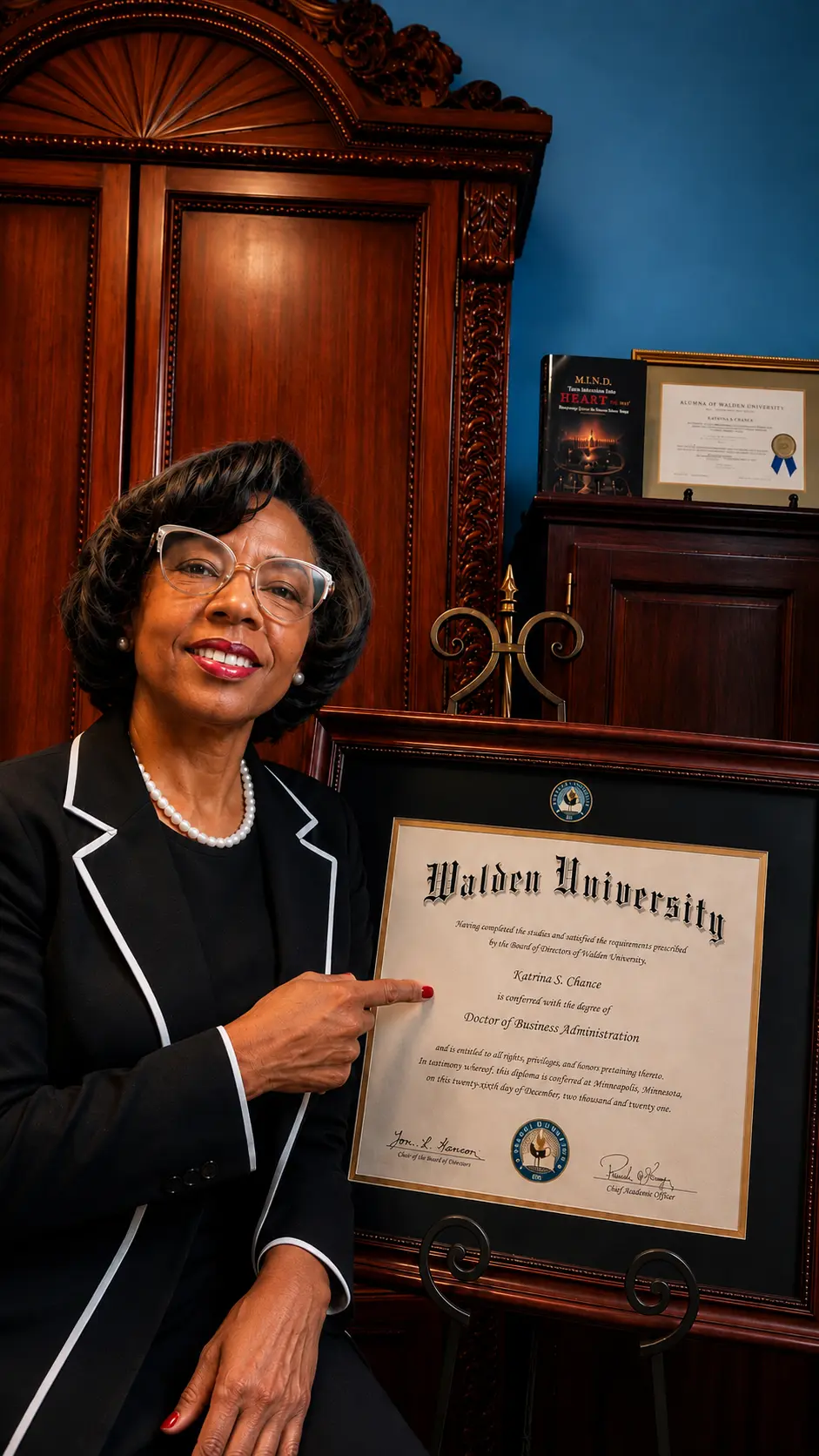 Dr. Katrina S. Chance with her Doctor of Business Administration diploma from Walden University